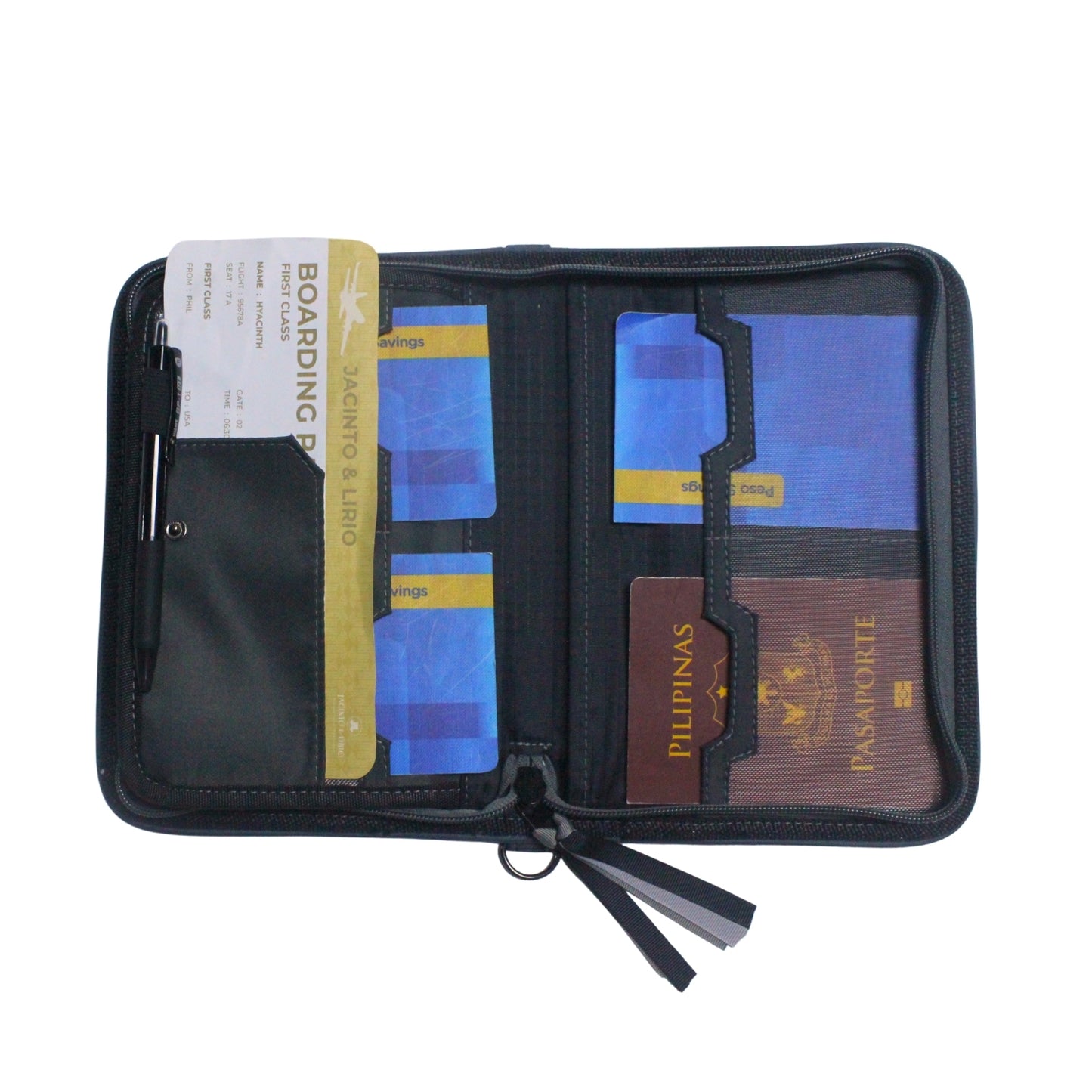 Gala Plain family passport holder daily planner open with three passbooks, and a passport inserted.