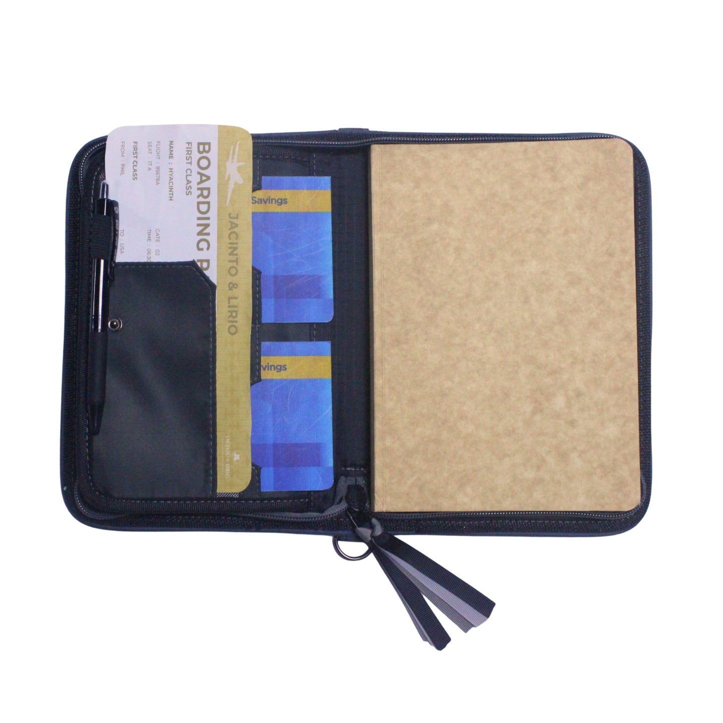 Gala Plain family passport holder daily planner open with two passbooks,  a boarding pass, and a planner inserted.