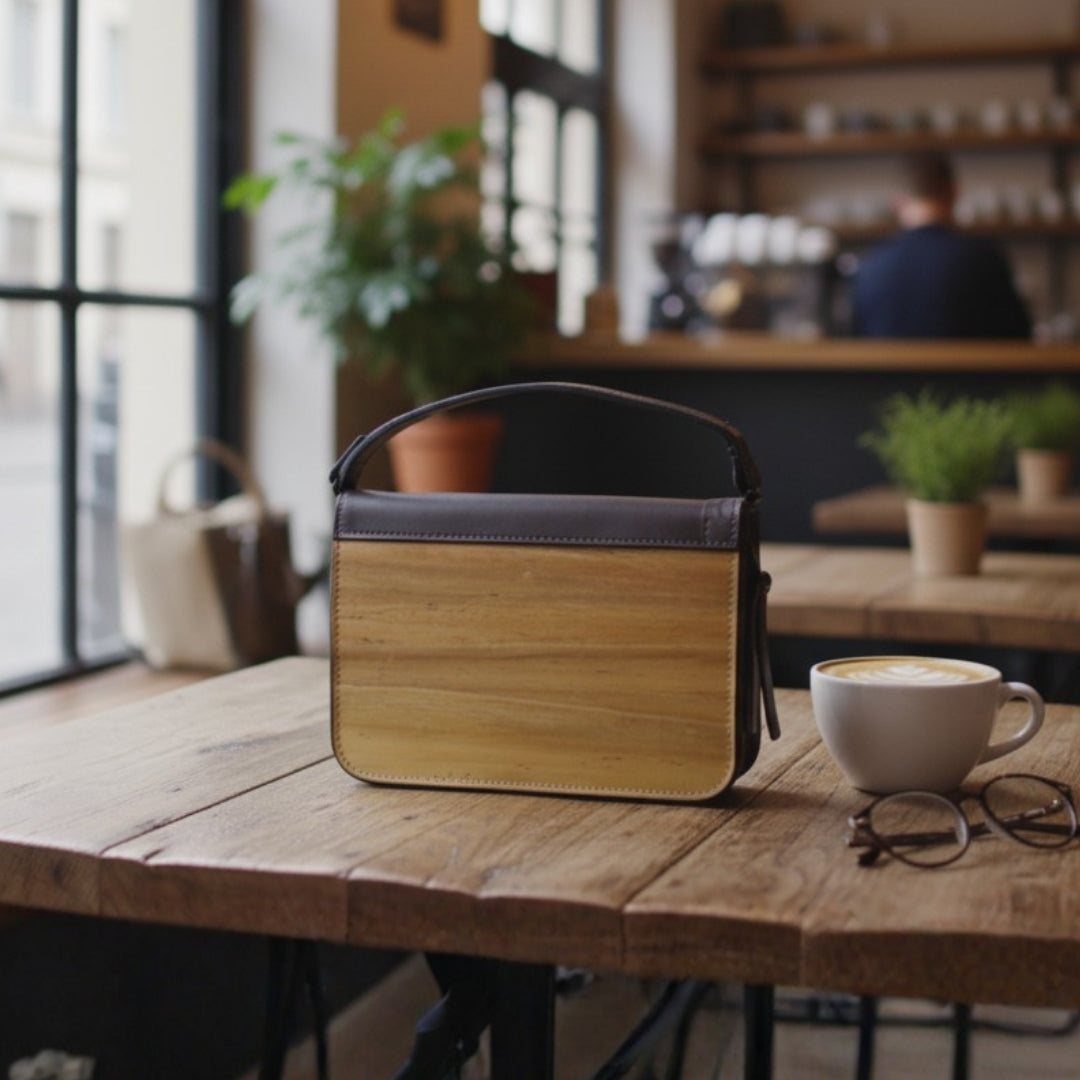 Gala Plain on a wooden table with a out of focus cafe background.