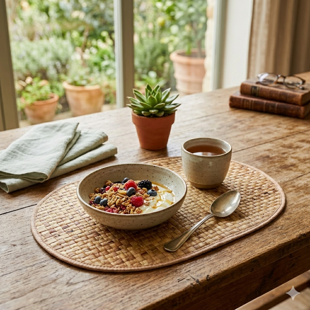 Vegan Leather Place Mat Water Hyacinth with Wood Accent, Place Mat, Ecoingenuity Inc., Jacinto & Lirio. - Jacinto & Lirio