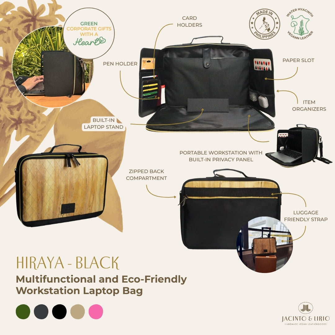 Hiraya (Black), a multifunctional and eco-friendly workstation laptop bag with various features highlighted on a white background.