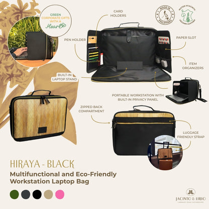 Hiraya (Black), a multifunctional and eco-friendly workstation laptop bag with various features highlighted on a white background.