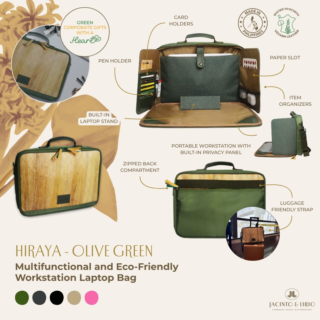 Hiraya (Green), a multifunctional and eco-friendly workstation laptop bag with various features highlighted on a white background.