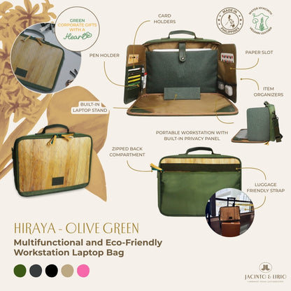 Hiraya (Green), a multifunctional and eco-friendly workstation laptop bag with various features highlighted on a white background.