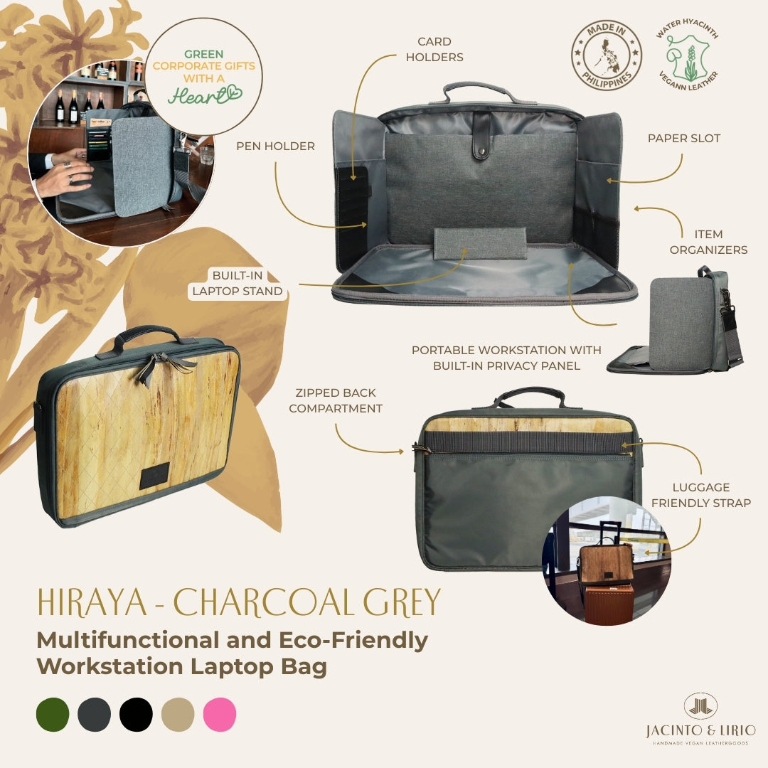 Hiraya (Grey), a multifunctional and eco-friendly workstation laptop bag with various features highlighted on a white background.