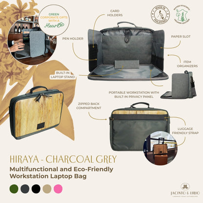 Hiraya (Grey), a multifunctional and eco-friendly workstation laptop bag with various features highlighted on a white background.