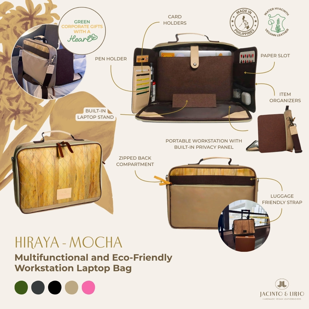 Hiraya (Mocha), a multifunctional and eco-friendly workstation laptop bag with various features highlighted on a white background.