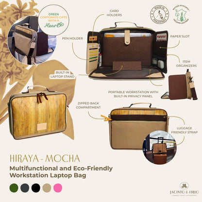 Hiraya (Mocha), a multifunctional and eco-friendly workstation laptop bag with various features highlighted on a white background.