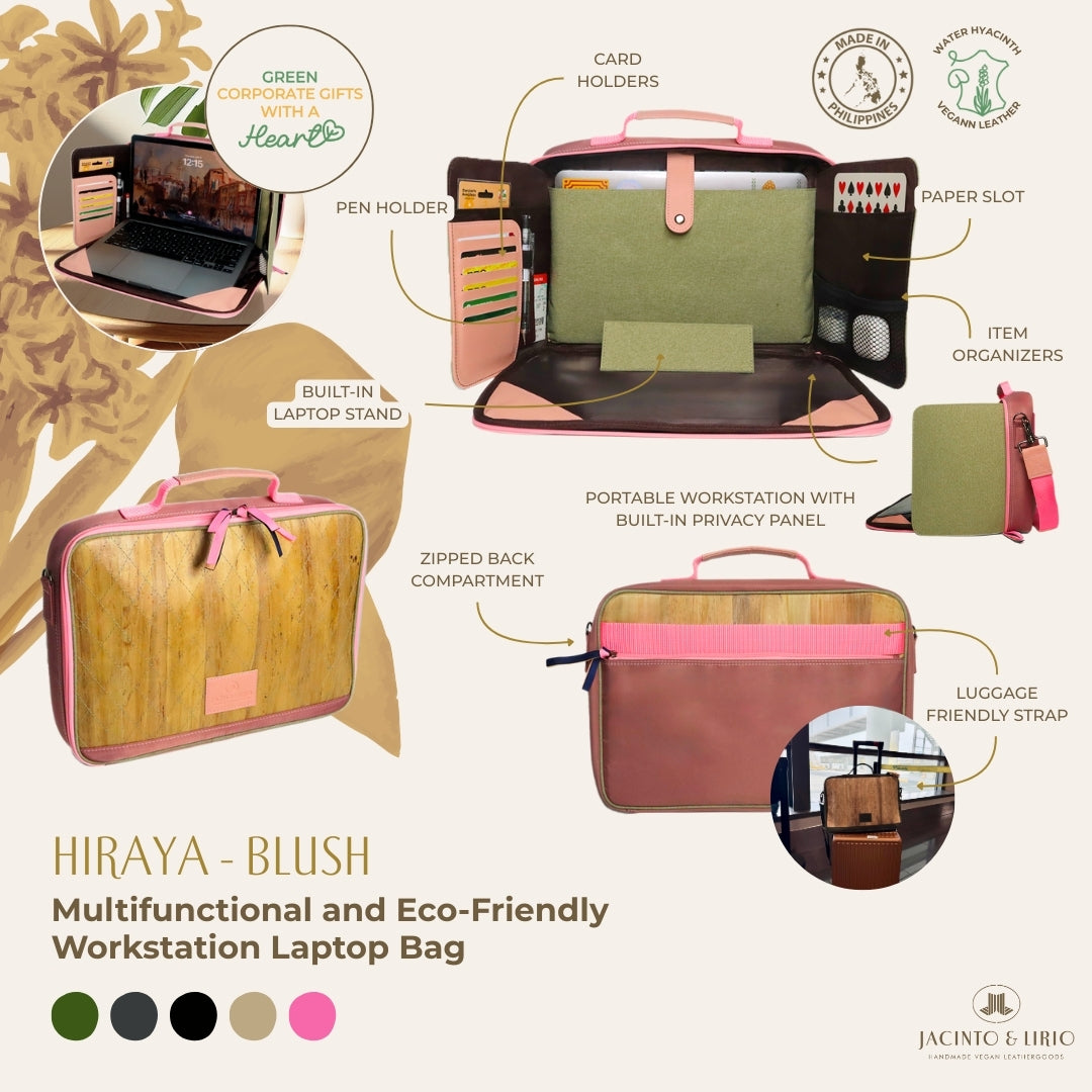 Hiraya (Pink), a multifunctional and eco-friendly workstation laptop bag with various features highlighted on a white background.