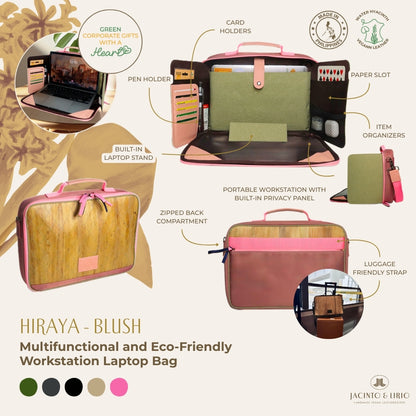 Hiraya (Pink), a multifunctional and eco-friendly workstation laptop bag with various features highlighted on a white background.