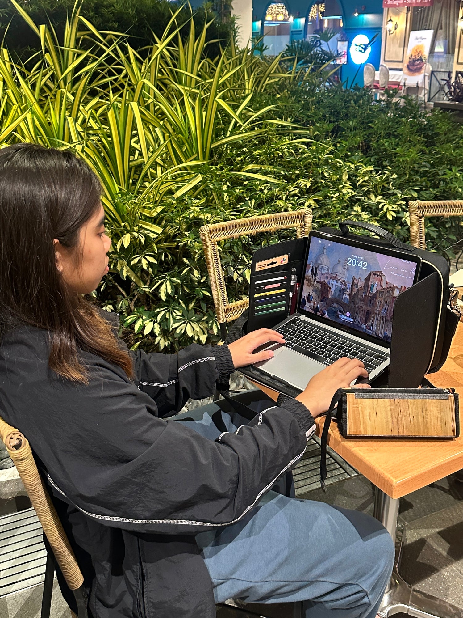 The Hiraya Laptop Bag has a built-in laptop stand for ergonomics.