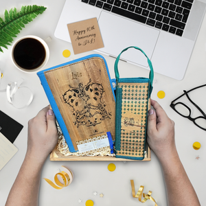 Laro A5 Personalized Traveler’s Journal Wallet and Tatsulok Expandable Rectangular Vegan Leather Pencil Case or Desk Pen Holder with Handle Bundle