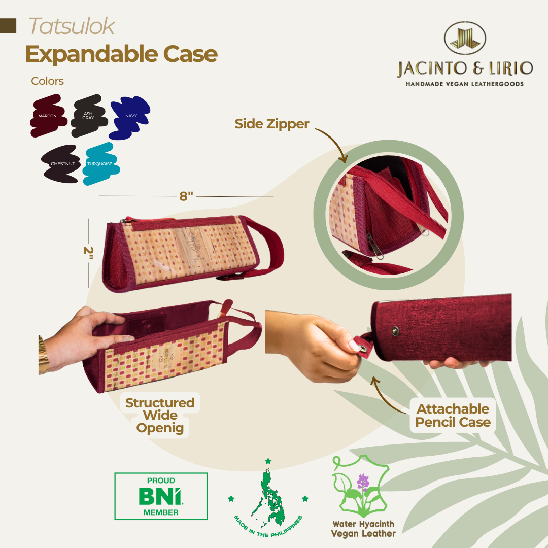 The highlighted features of a vegan leather expandable case in color red, such as having a rectangular structured wide opening, a detachable wristlet, and side zippers for even wider opening.