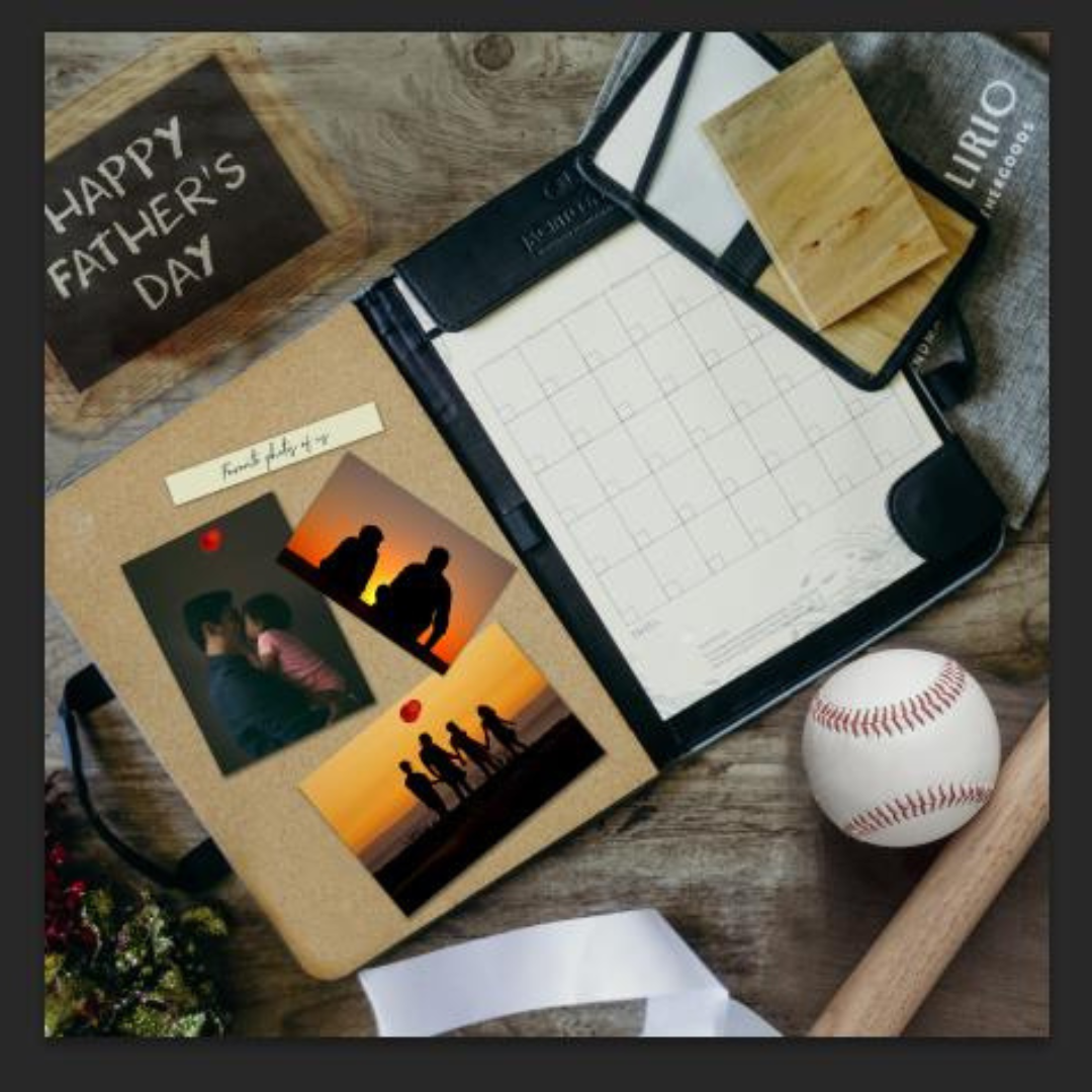 Open Jacinto & Lirio leather portfolio on a wooden desk, featuring a January calendar page and a corkboard on the left. A hand is holding a colorful illustration of two people embracing. The portfolio includes a leaf-shaped sticker, pens, and a sleek design, with the Jacinto & Lirio logo in the corner, promoting their handmade plant leather goods.