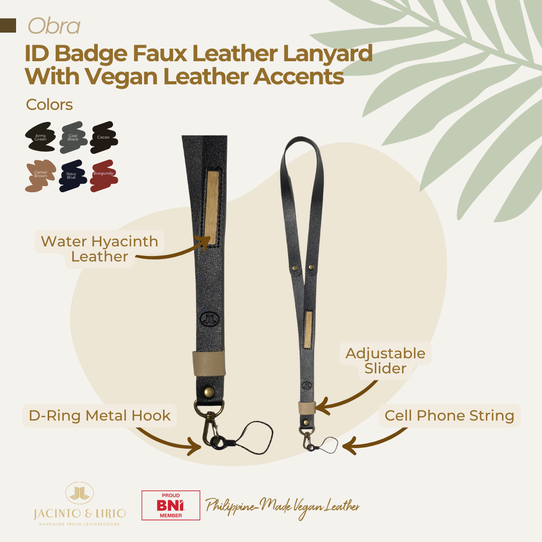 Faux leather lanyard in coal black with metal accessories designed to secure your belongings. 