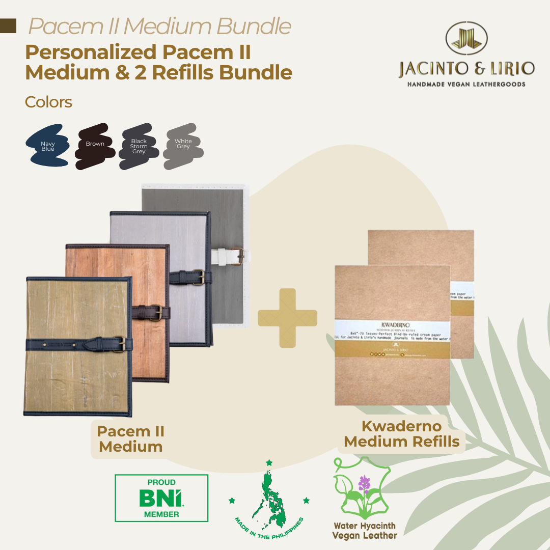 Pacem II Medium Blank Refillable Vegan Leather Journal + 2pcs Medium Refills Blank Notebook Journal Inserts Bundle - Jacinto & Lirio