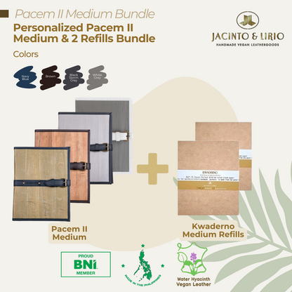 Pacem II Medium Blank Refillable Vegan Leather Journal + 2pcs Medium Refills Blank Notebook Journal Inserts Bundle - Jacinto & Lirio