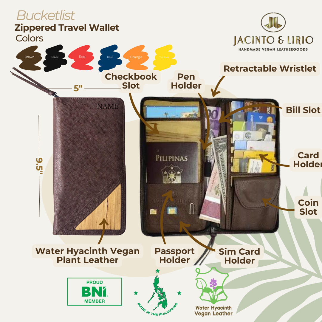 A brown long rectangular travel wallet with a vegan leather accent on the corner of the cover. Bills, a passport, multiple cards, pens, and a checkbook shown to fit inside the inside of the wallet.