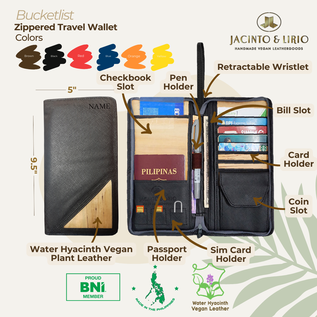 A black long rectangular wallet with a vegan leather corner on its exterior, a side by side image shows the interior of the wallet containing a passport, credit card, pen, sim card,  built in coin pocket, and bills.