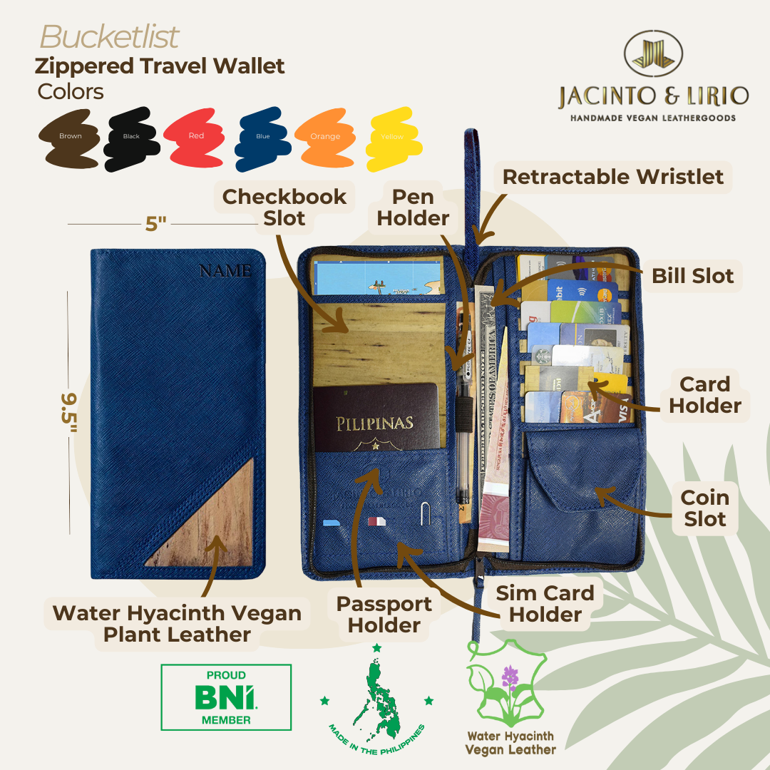 A royal blue long rectangular wallet with a vegan leather corner on its exterior, a side by side image shows the interior of the wallet containing a passport, credit card, pen, sim card,  built in coin pocket, and bills.