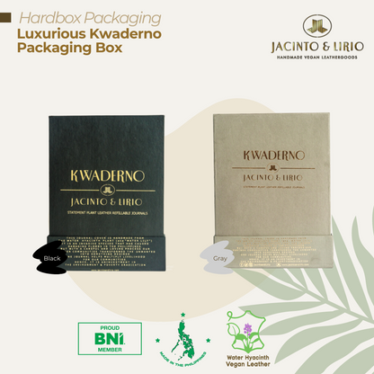 Jacinto & Lirio Journal Hardbox Packaging Box shown side by side in colors Black and Grey, with gold letter engravings.