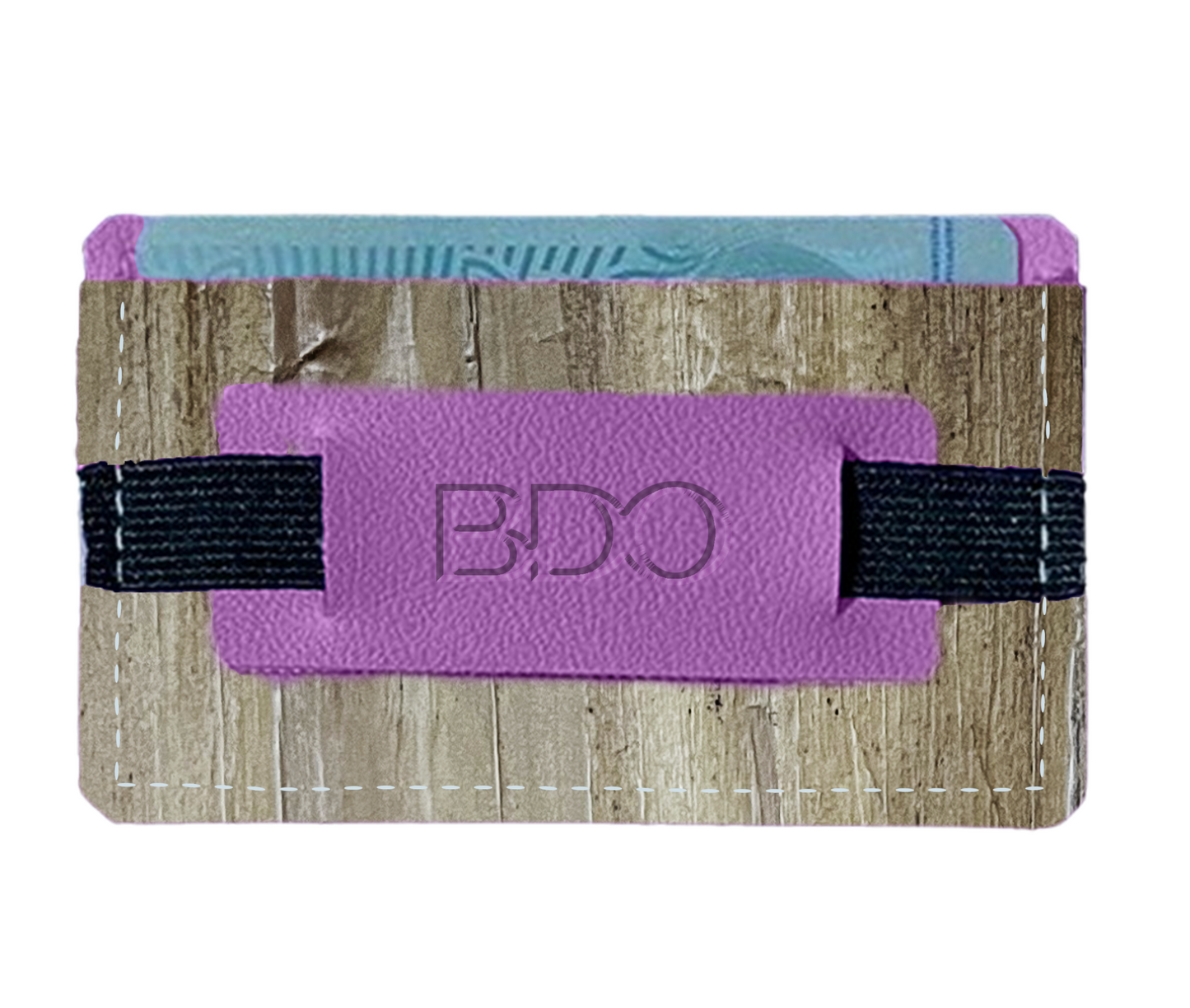 a card holder made of vegan leather featuring a piece of purple leather in the center embossed with the BDO logo.