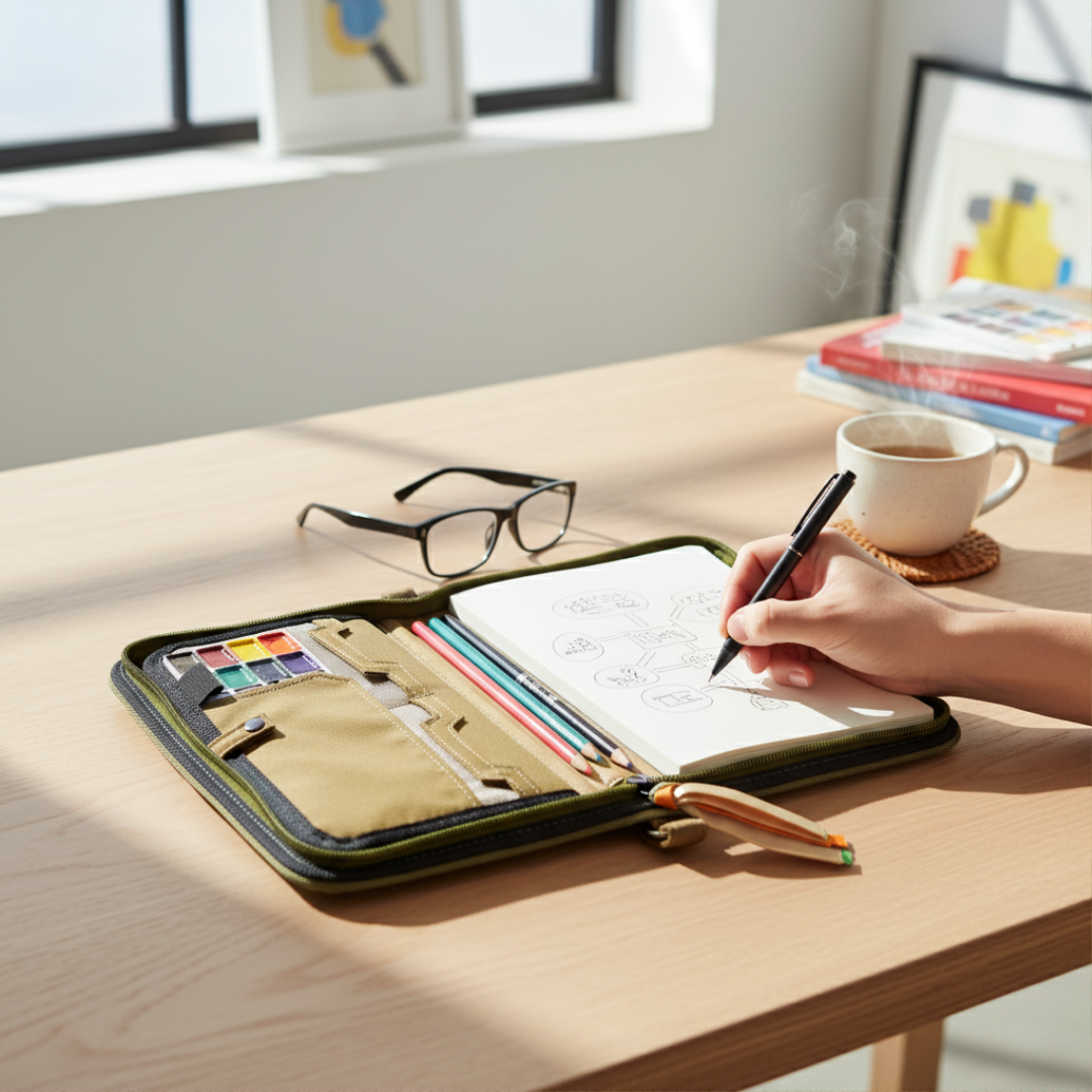 Person writing on a notebook in Gala on a desk with a coffee cup and glasses nearby.