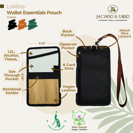 Front view of the Lakbay wallet essentials pouch in black displaying its features and functionalities.