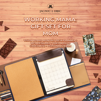 Working Mama gift set with Theo & Philo chocolate, scented candle, and vegan leather journal – perfect gift for moms