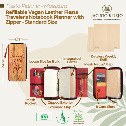 Refillable Vegan Leather Fiesta Traveler's Notebook Planner with Zipper - Standard Size