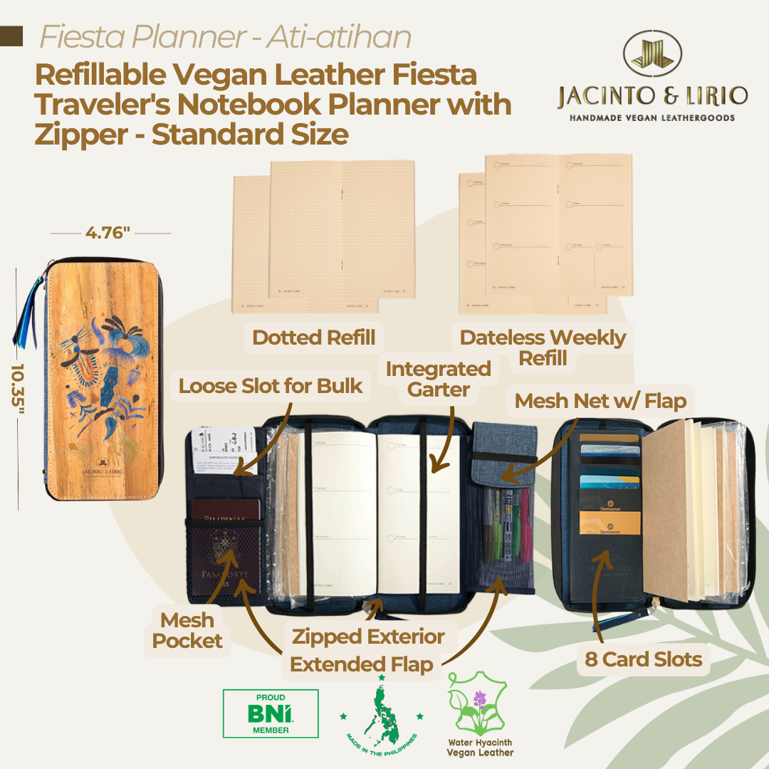 Refillable Vegan Leather Fiesta Traveler's Notebook Planner with Zipper - Standard Size