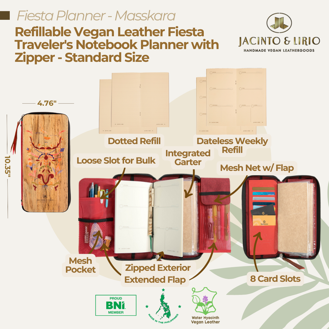 Refillable Vegan Leather Fiesta Traveler's Notebook Planner with Zipper - Standard Size