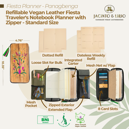 Refillable Vegan Leather Fiesta Traveler's Notebook Planner with Zipper - Standard Size