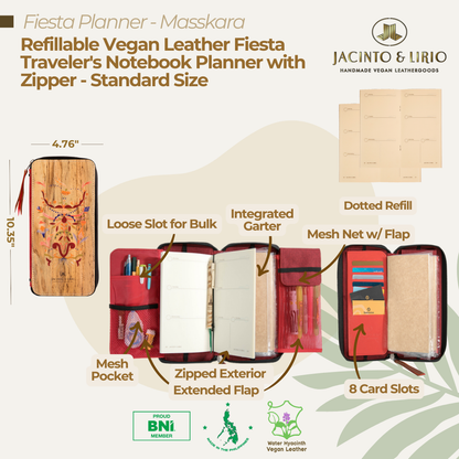 Refillable Vegan Leather Fiesta Traveler's Notebook Planner with Zipper - Standard Size