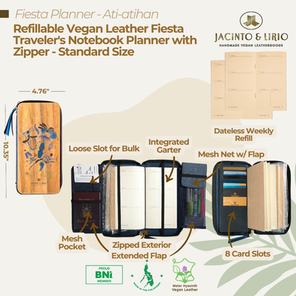 Refillable Vegan Leather Fiesta Traveler's Notebook Planner with Zipper - Standard Size