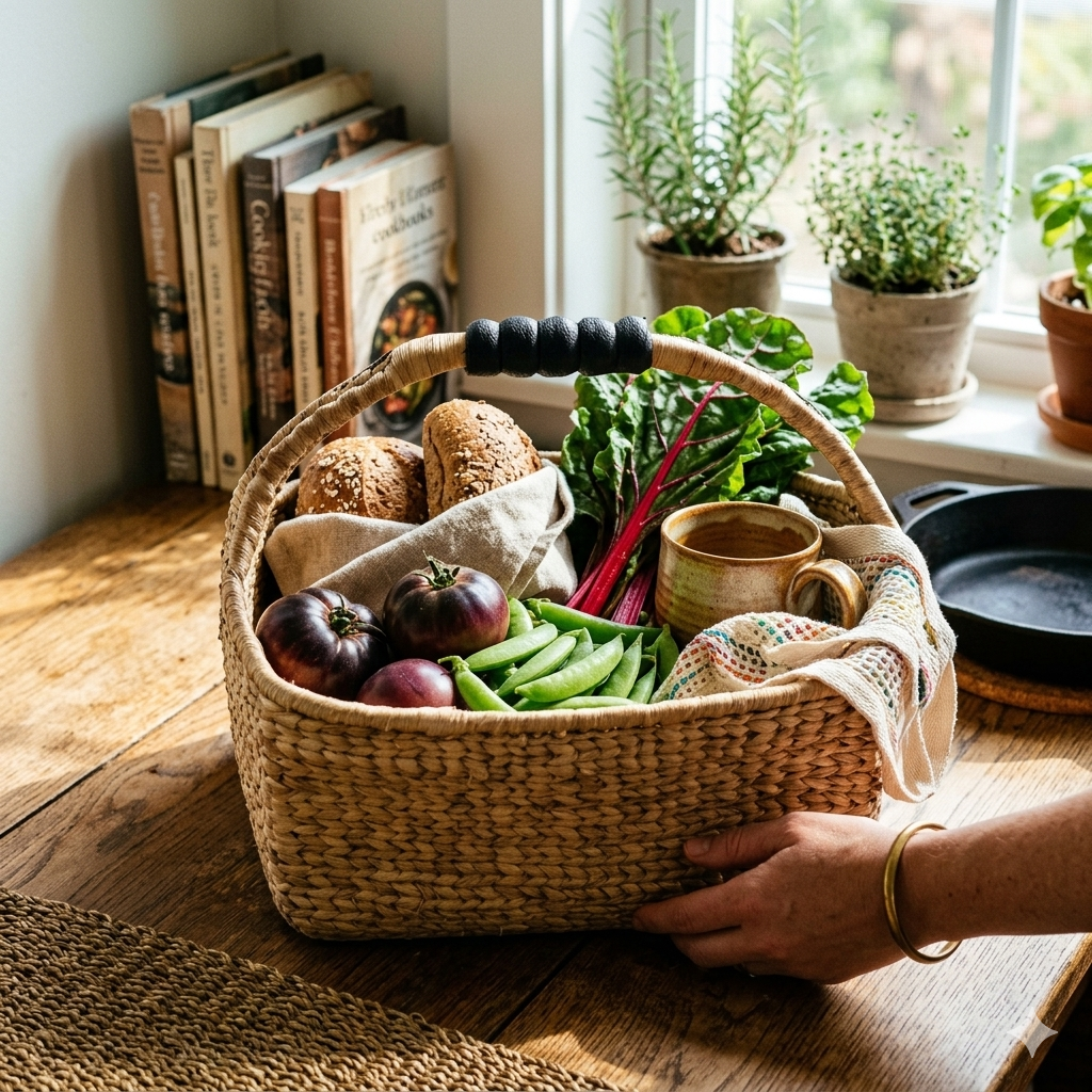 Woven Water Hyacinth Basket with Wood Accent