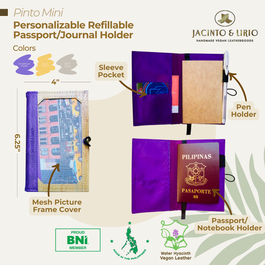 A purple multifunctional passport holder and refillable journal that has vegan leather accents and a picture frame cover on the front, as well as a sleeve pocket on the inside of the front cover.